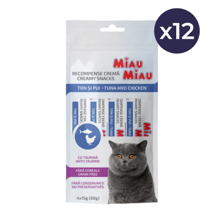 Recompense Pisici - Pachet Economic Recompense Cremoase Pisică Adult, MIAU MIAU Creamy Snacks, Ton și Pui, 4x15g, 12 bucăți
