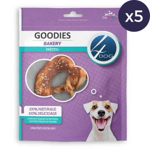 Pachet Economic Recompense pentru Câine Adult, 4DOG GOODIES Bakery, Covrig, Piele Presată și Pui, 5x100g