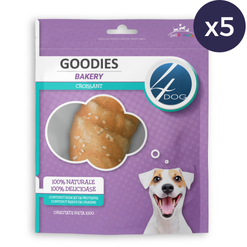 Piele Presată - Pachet Economic Recompense pentru Câine Adult, 4DOG GOODIES Bakery, Croissant, Piele Presată și Pui, 5x100g