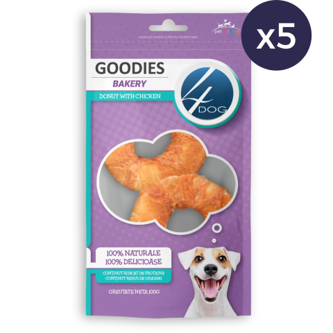 Piele Presată - Pachet Economic Recompense pentru Câine Adult, 4DOG GOODIES Bakery, Gogoașă, Piele Presată și Pui, 5x100g