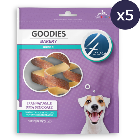 Pachet Economic Recompense pentru Câine Adult, 4DOG GOODIES Bakery, Kurtos, Piele Presată și Pui, 5x120g