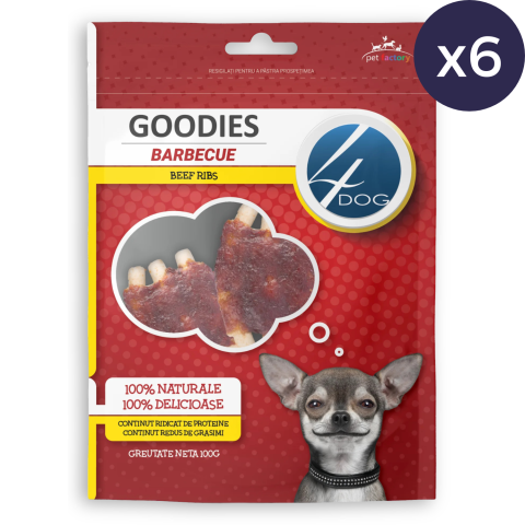 Pachet Economic Recompense pentru Câine Adult, 4DOG GOODIES Barbecue, Coaste de Vită, 6x100g