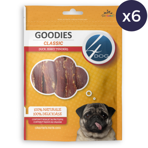Pachet Economic Recompense pentru Câine Adult, 4DOG GOODIES Classic, Jerky Tenders Rață, 6x100g