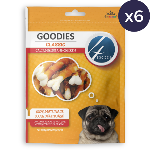 Pachet Economic Recompense pentru Câine Adult, 4DOG GOODIES Classic, Os din Calciu cu Pui, 6x100g