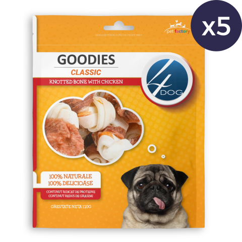 Pachet Economic Recompense pentru Câine Adult, 4DOG GOODIES Classic, Os Înnodat, Piele Presată și Pui, 5x120g