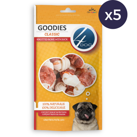Pachet Economic Recompense pentru Câine Adult, 4DOG GOODIES Classic, Os Înnodat, Piele Presată și Rață, 5x120g