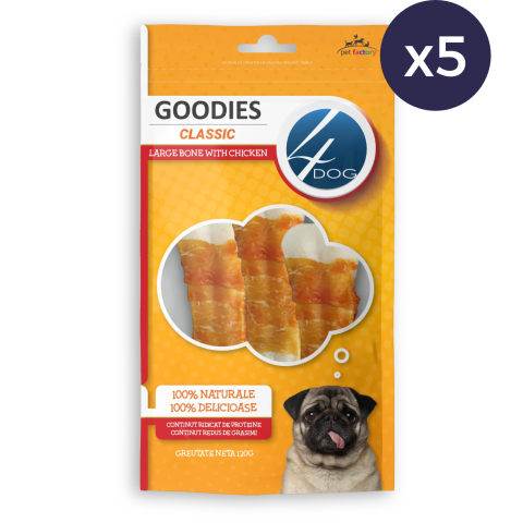 Piele Presată - Pachet Economic Recompense pentru Câine Adult, 4DOG GOODIES Classic, Os Mare, Piele Presată și Pui, 5x120g