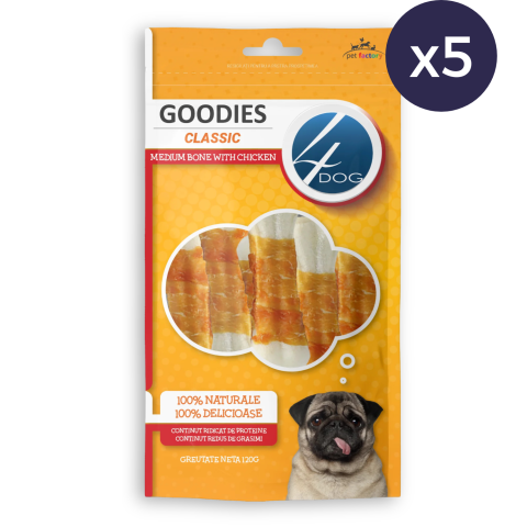Piele Presată - Pachet Economic Recompense pentru Câine Adult, 4DOG GOODIES Classic, Os Mediu, Piele Presată și Pui, 5x120g