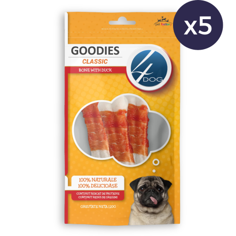Piele Presată - Pachet Economic Recompense pentru Câine Adult, 4DOG GOODIES Classic, Os, Piele Presată și Rață, 5x120g