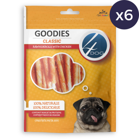 Pachet Economic Recompense pentru Câine Adult, 4DOG GOODIES Classic, Piele Presată și Pui, 6x100g