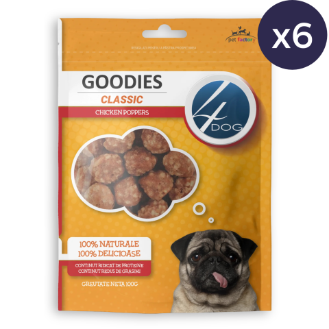 Proteice - Pachet Economic Recompense pentru Câine Adult, 4DOG GOODIES Classic, Poppers cu Pui, 6x100g