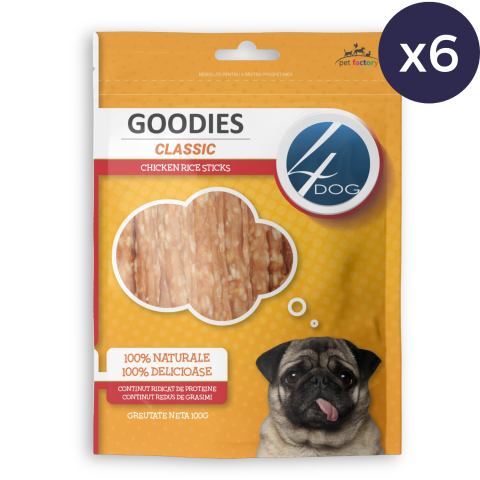 Proteice - Pachet Economic Recompense pentru Câine Adult, 4DOG GOODIES Classic, Sticks cu Pui și Orez, 6x100g