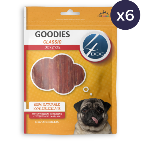Proteice - Pachet Economic Recompense pentru Câine Adult, 4DOG GOODIES Classic, Sticks cu Rață, 6x100g