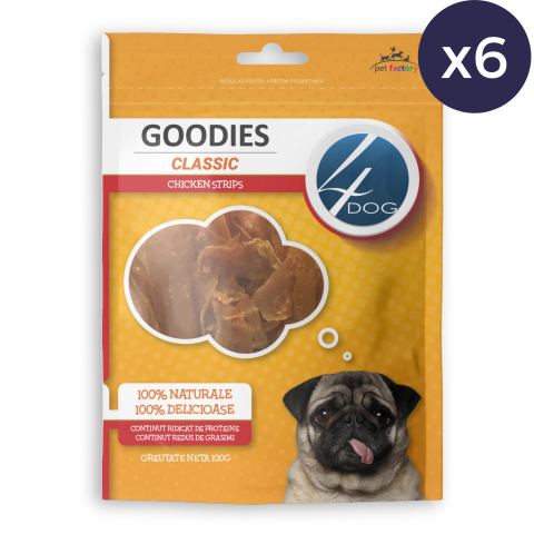 Proteice - Pachet Economic Recompense pentru Câine Adult, 4DOG GOODIES Classic, Strips de Pui, 6x100g