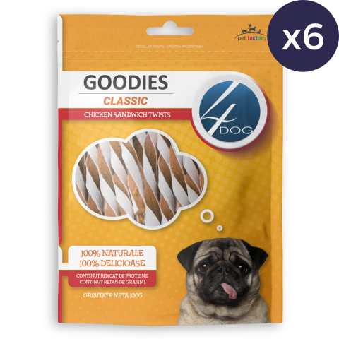 Pachet Economic Recompense pentru Câine Adult, 4DOG GOODIES Classic, Twists cu Pui, 6x100g