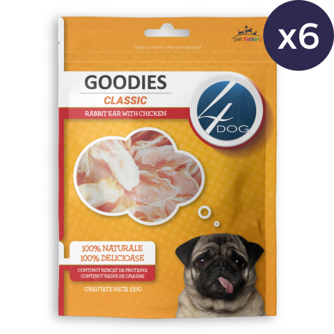 Pachet Economic Recompense pentru Câine Adult, 4DOG GOODIES Classic, Urechi de Iepure cu Pui, 6x100g