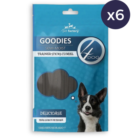 Semi-umede - Pachet Economic Recompense pentru Câine Adult, 4DOG GOODIES Trainer, Dental Sticks, Miel, 6x150g