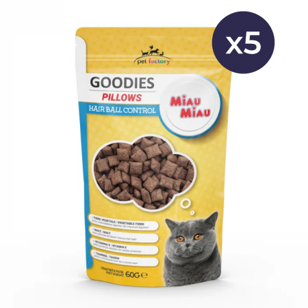 Snacks - Pachet Economic Recompense pentru Pisică Adult, MIAU MIAU Pillows Hairball, 5x60g