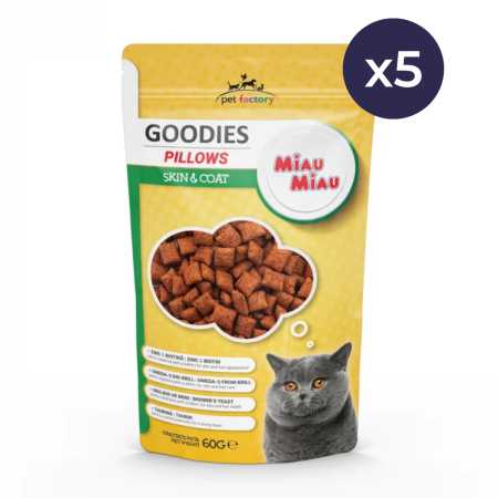 Snacks - Pachet Economic Recompense pentru Pisică Adult, MIAU MIAU Pillows Piele și Blană, 5x60g