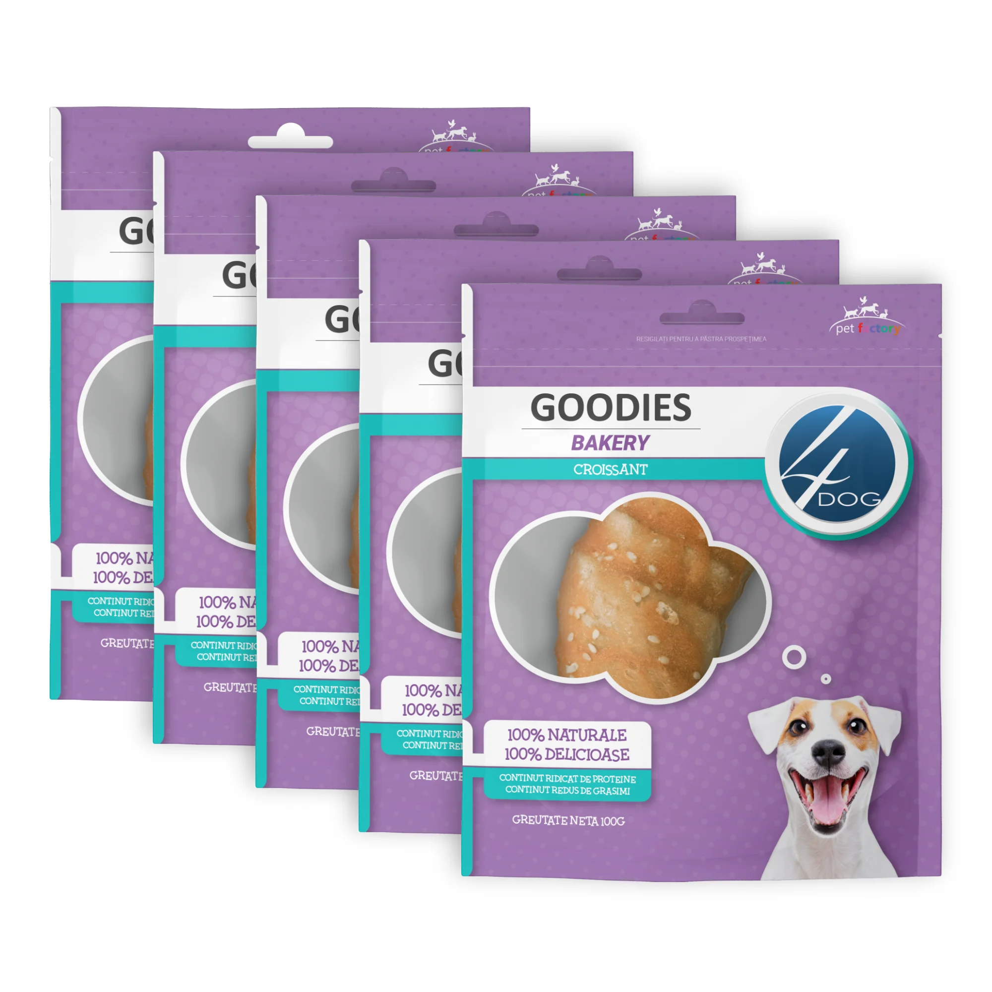 Câini - Pachet Economic Recompense pentru Câine Adult, 4DOG GOODIES Bakery, Croissant, Piele Presată și Pui, 5x100g