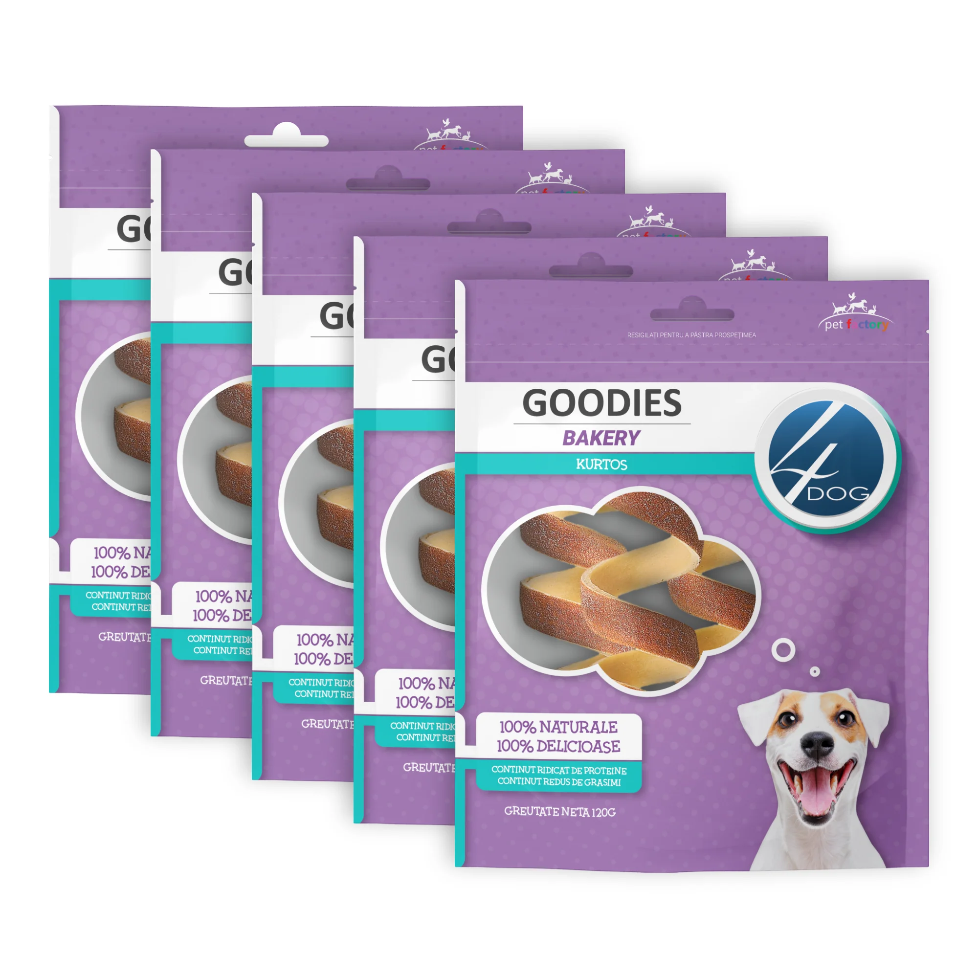 Pachet Economic Recompense pentru Câine Adult, 4DOG GOODIES Bakery, Kurtos, Piele Presată și Pui, 5x120g