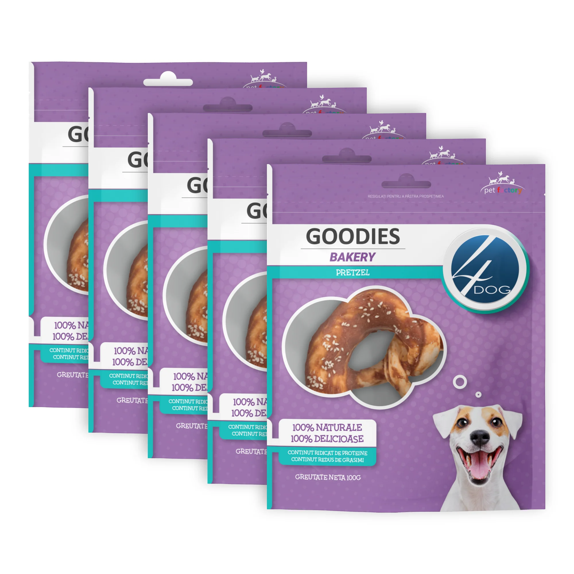 Câini - Pachet Economic Recompense pentru Câine Adult, 4DOG GOODIES Bakery, Covrig, Piele Presată și Pui, 5x100g