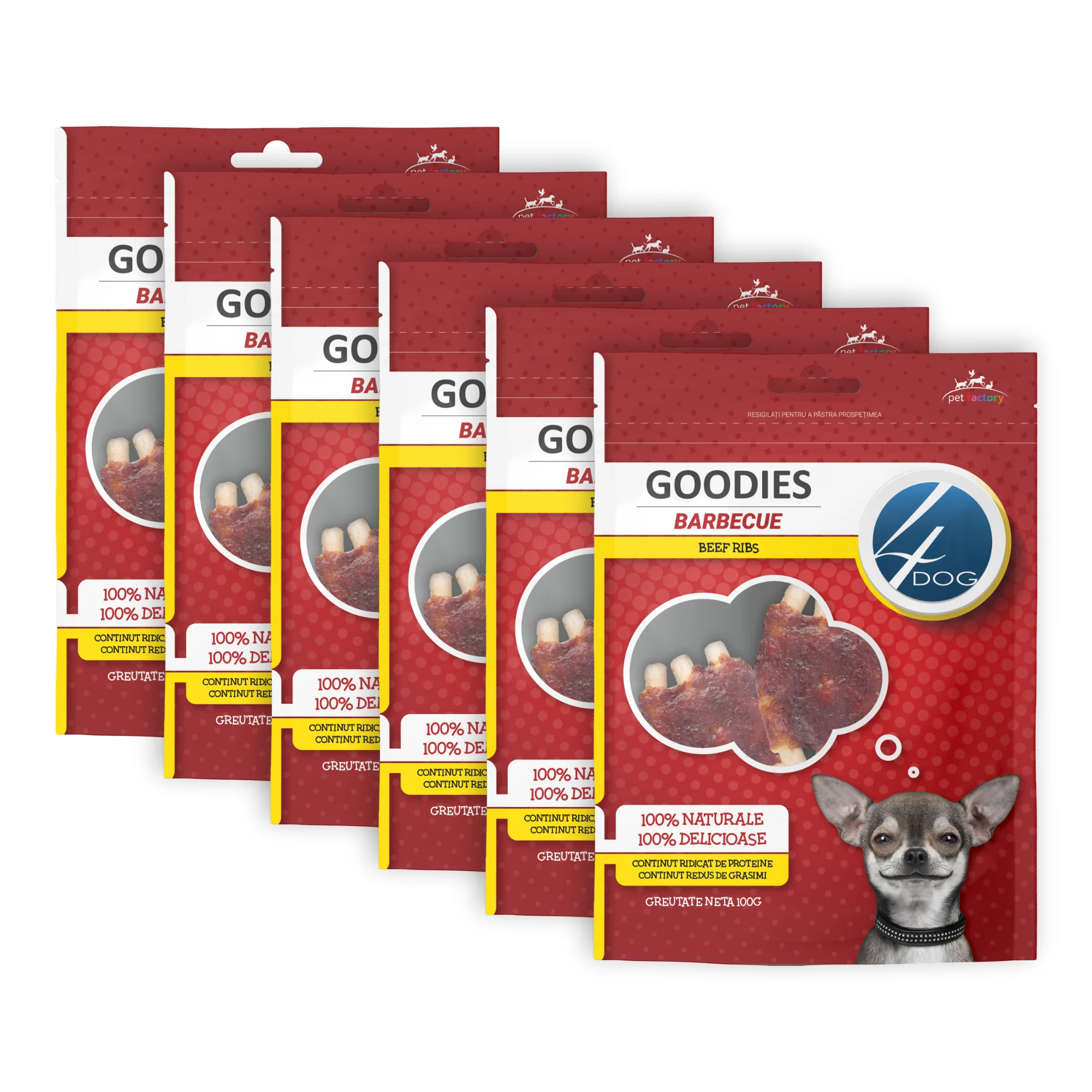 Câini - Pachet Economic Recompense pentru Câine Adult, 4DOG GOODIES Barbecue, Coaste de Vită, 6x100g