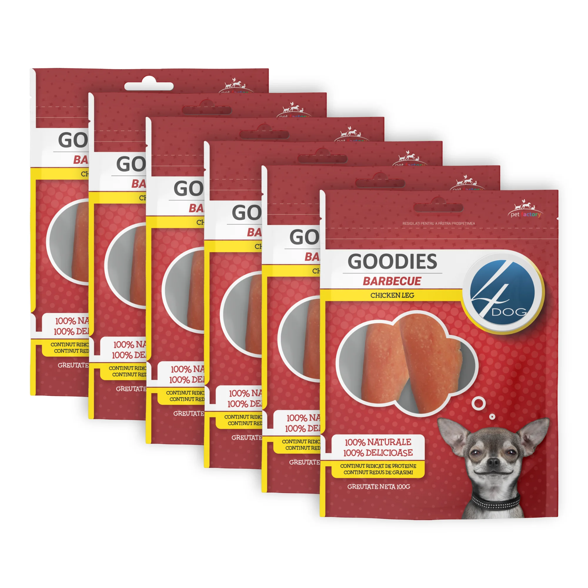 Câini - Pachet Economic Recompense pentru Câine Adult, 4DOG GOODIES Barbecue, Copan de Pui, 6x100g