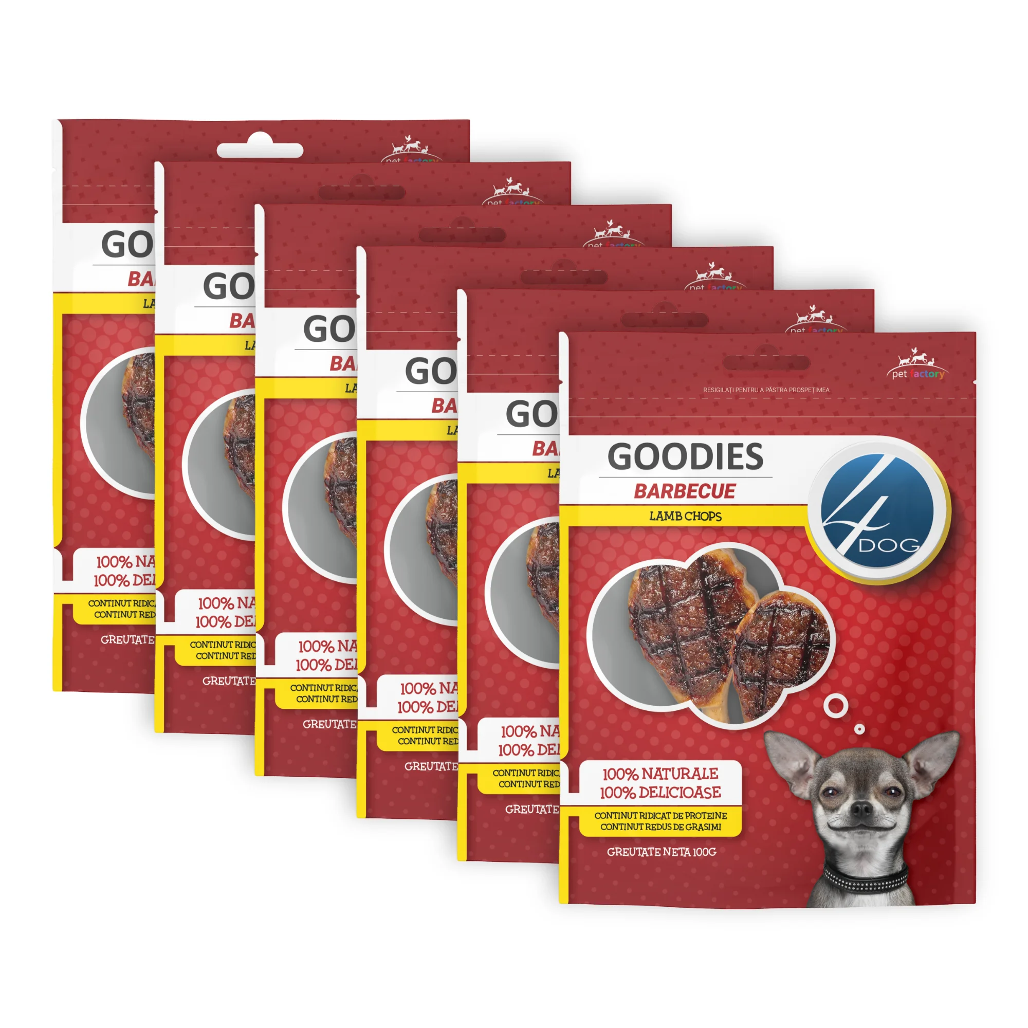 Câini - Pachet Economic Recompense pentru Câine Adult, 4DOG GOODIES Barbecue, Cotlete de Miel, 6x100g