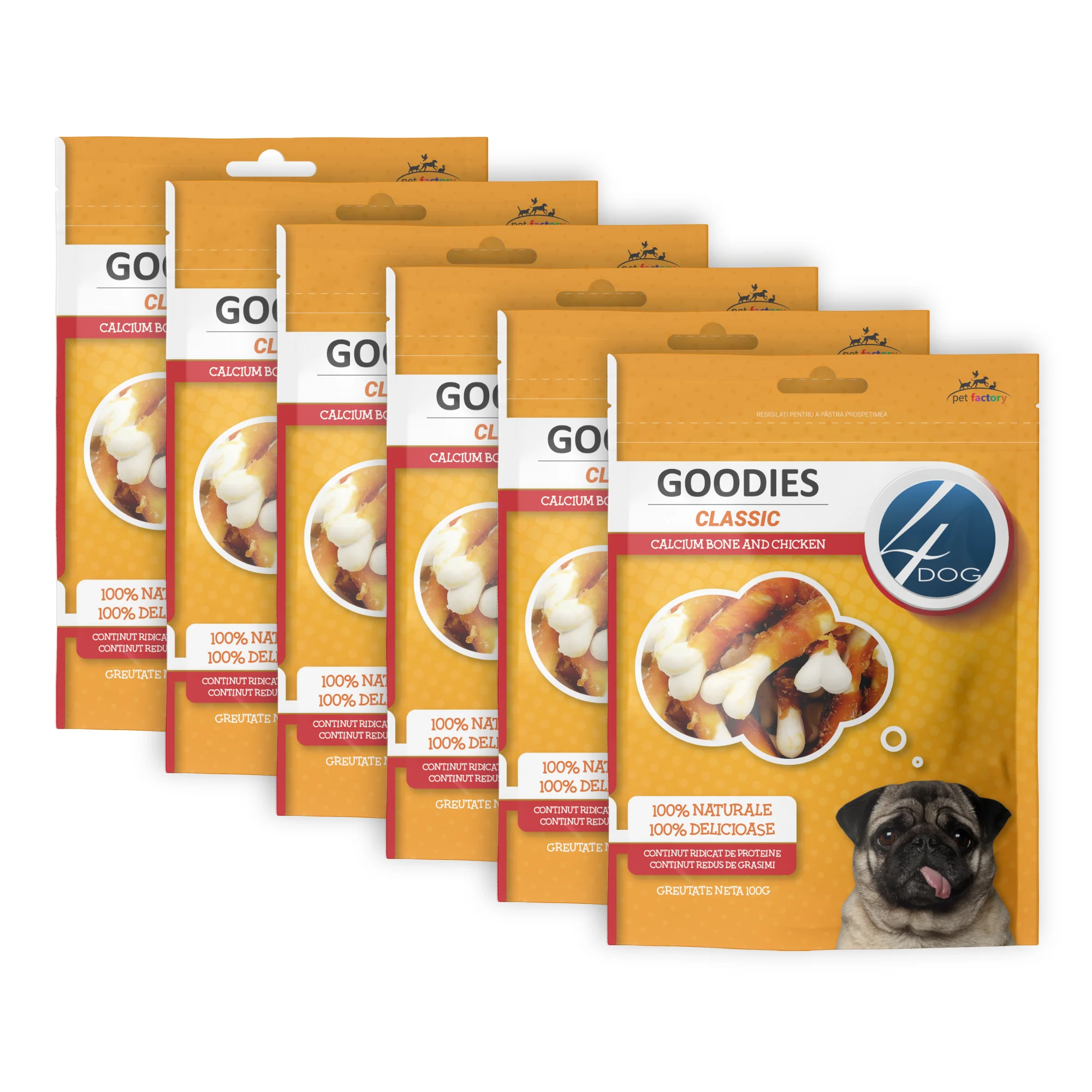 Câini - Pachet Economic Recompense pentru Câine Adult, 4DOG GOODIES Classic, Os din Calciu cu Pui, 6x100g