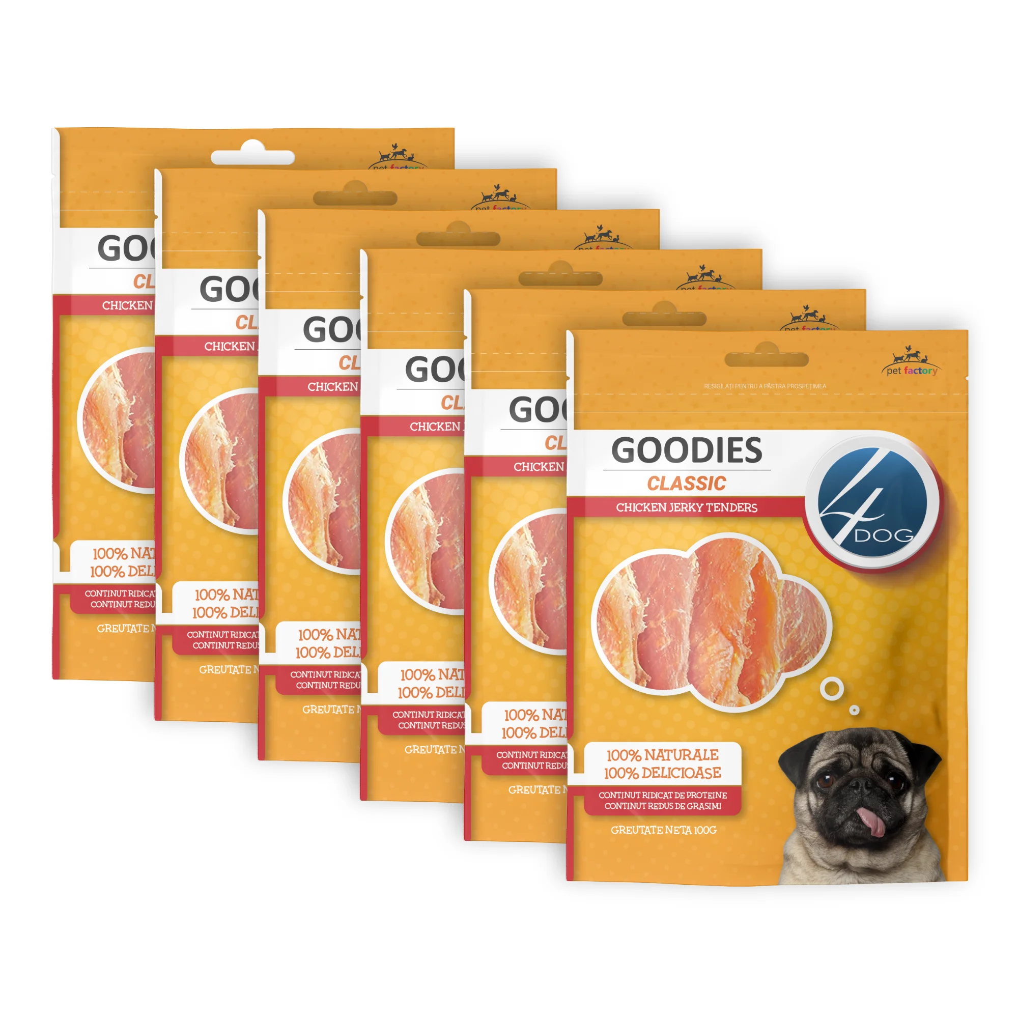 Câini - Pachet Economic Recompense pentru Câine Adult, 4DOG GOODIES Classic, Jerky Tenders Pui, 6x100g