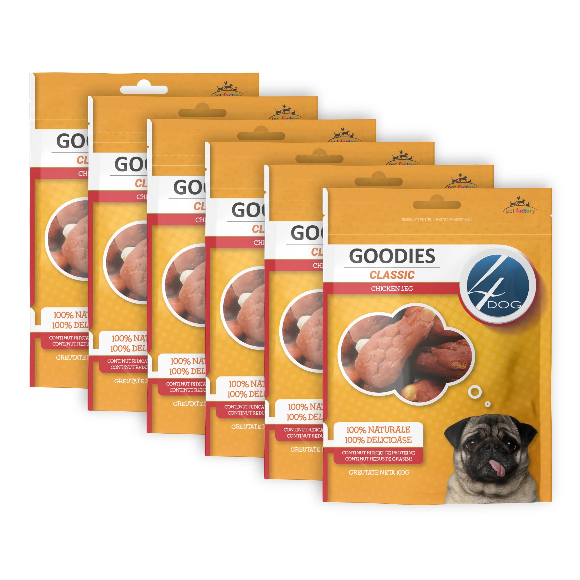Câini - Pachet Economic Recompense pentru Câine Adult, 4DOG GOODIES Classic, Copan de Pui, 6x100g