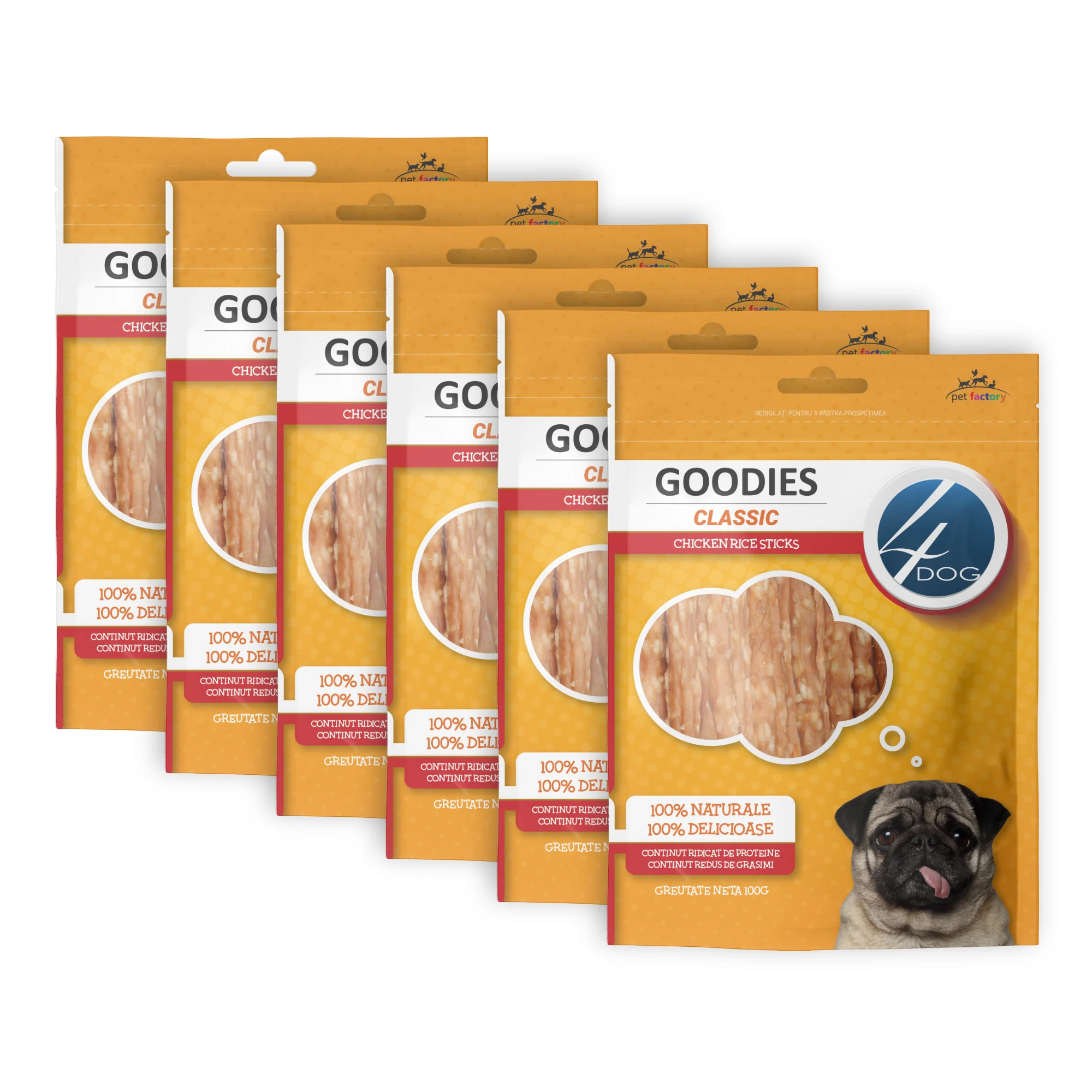 Câini - Pachet Economic Recompense pentru Câine Adult, 4DOG GOODIES Classic, Sticks cu Pui și Orez, 6x100g