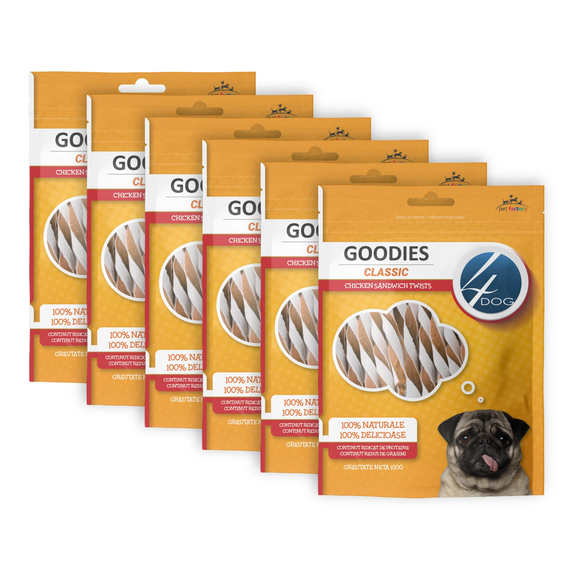 Câini - Pachet Economic Recompense pentru Câine Adult, 4DOG GOODIES Classic, Twists cu Pui, 6x100g