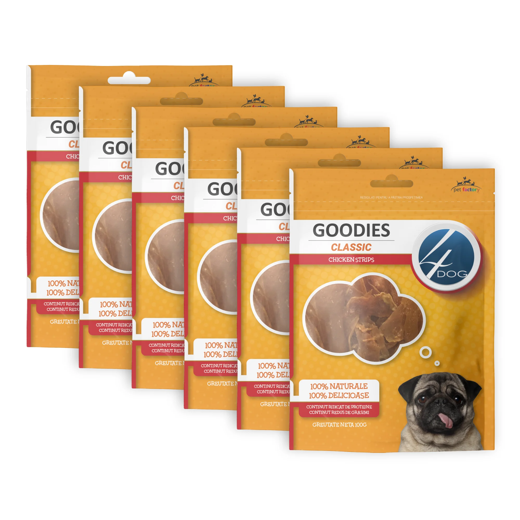 Câini - Pachet Economic Recompense pentru Câine Adult, 4DOG GOODIES Classic, Strips de Pui, 6x100g