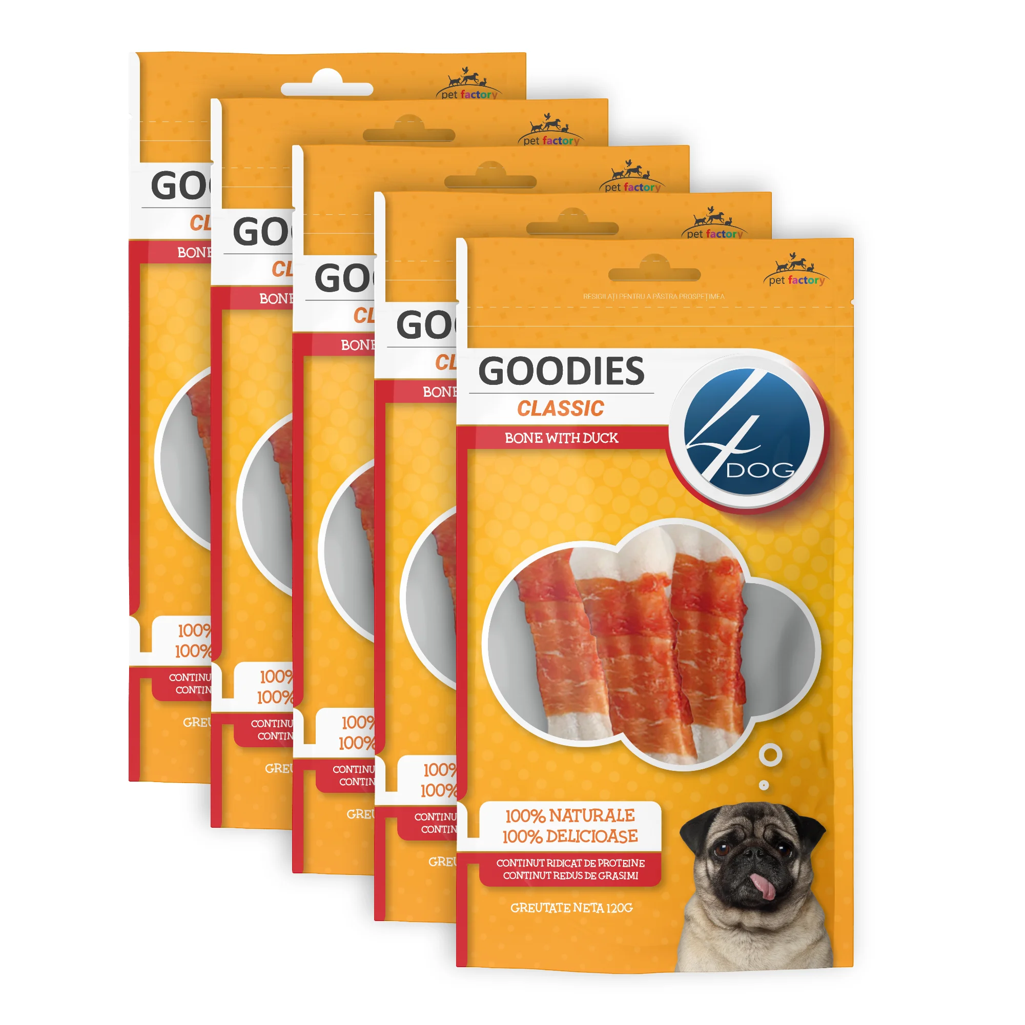 Câini - Pachet Economic Recompense pentru Câine Adult, 4DOG GOODIES Classic, Os, Piele Presată și Rață, 5x120g