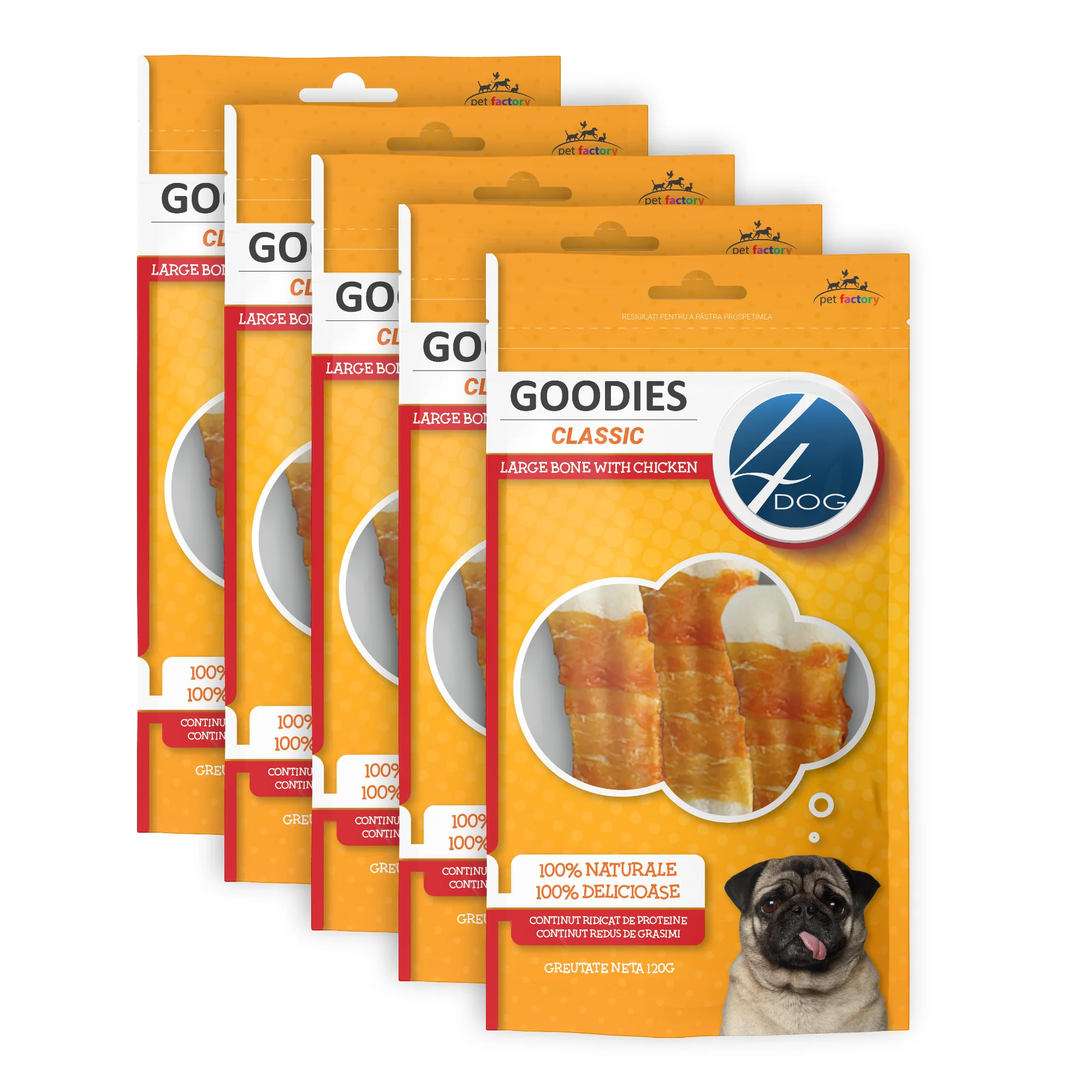 Câini - Pachet Economic Recompense pentru Câine Adult, 4DOG GOODIES Classic, Os Mare, Piele Presată și Pui, 5x120g