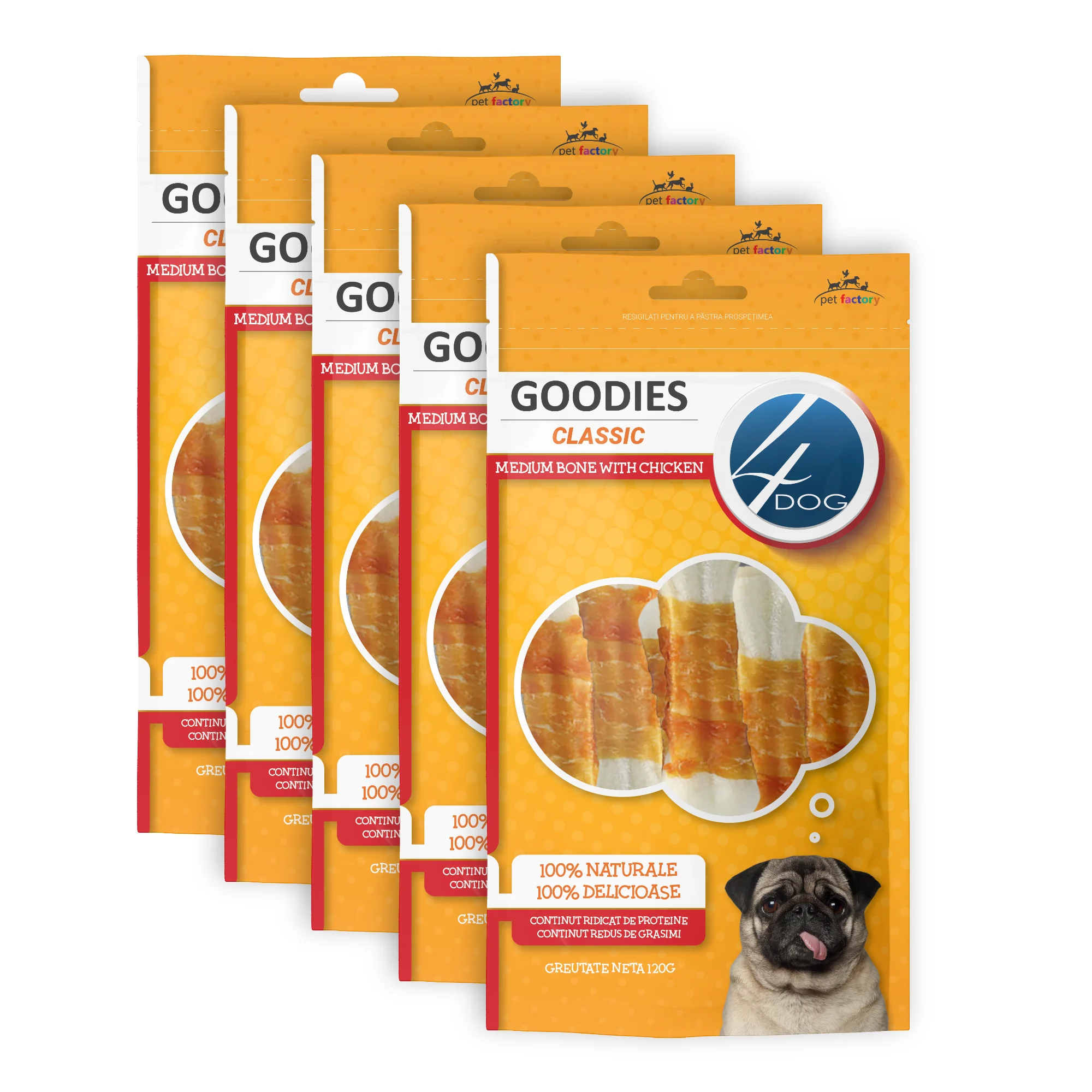Proteice - Pachet Economic Recompense pentru Câine Adult, 4DOG GOODIES Classic, Os Mediu, Piele Presată și Pui, 5x120g