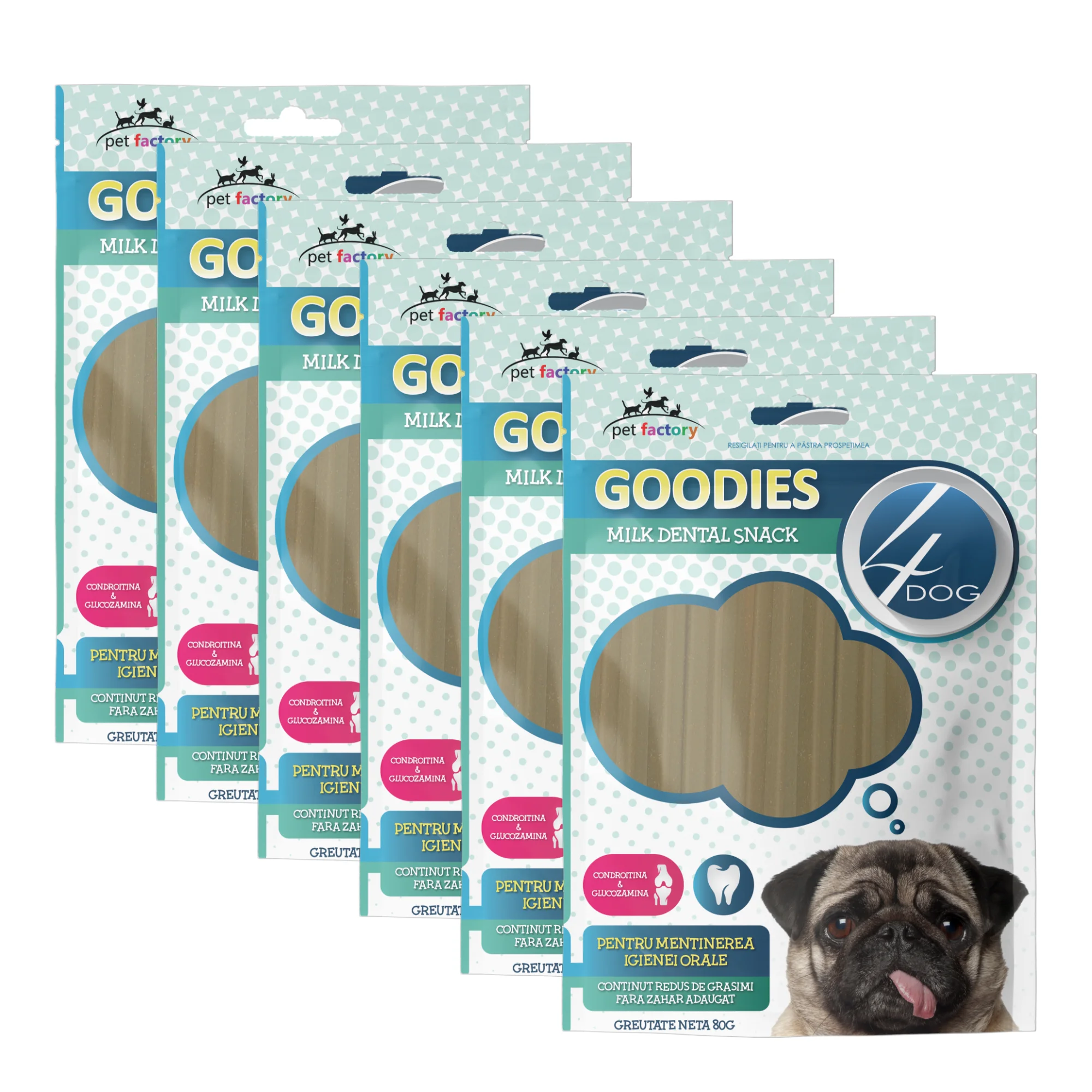 Câini - Pachet Economic Recompense pentru Câine Adult, 4DOG GOODIES Dental Sticks, Lapte și Glucozamină, 6x80g