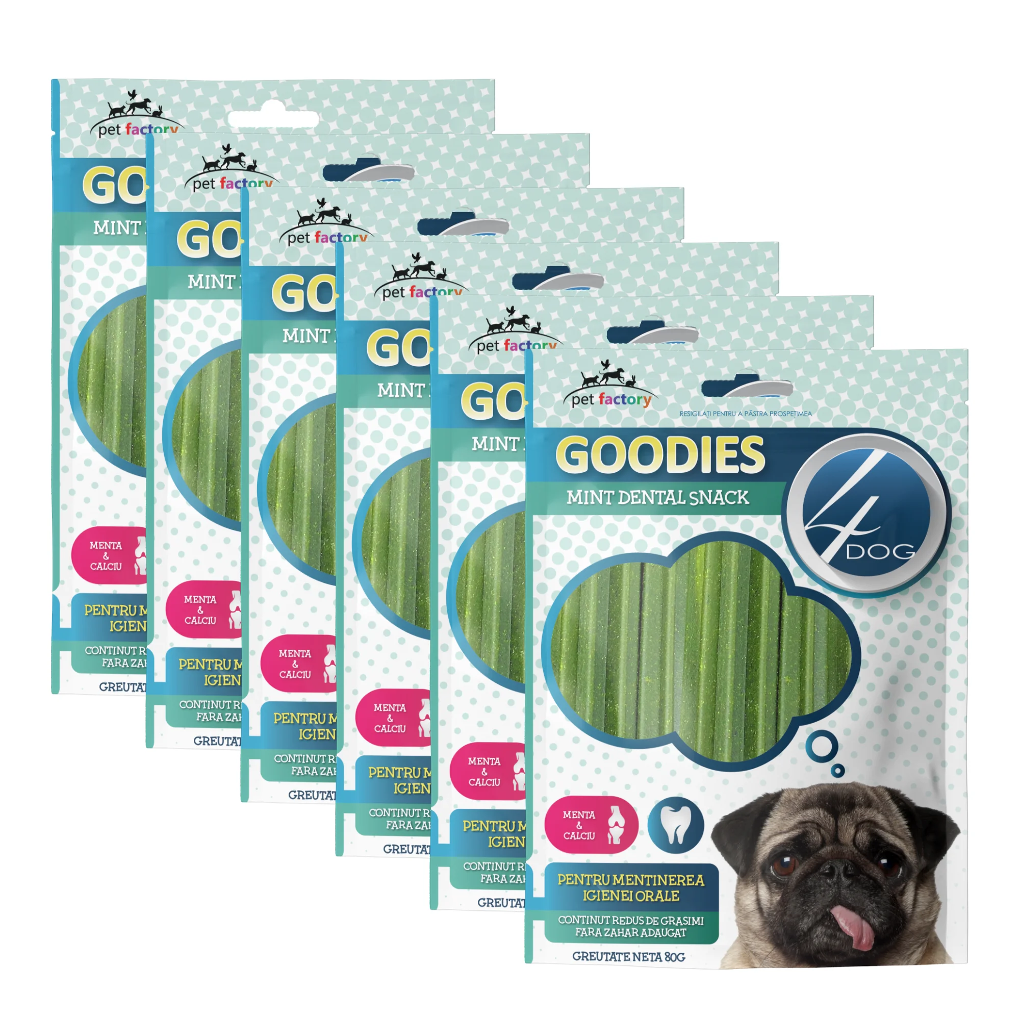 Câini - Pachet Economic Recompense pentru Câine Adult, 4DOG GOODIES Dental Sticks, Mentă și Calciu, 6x80g
