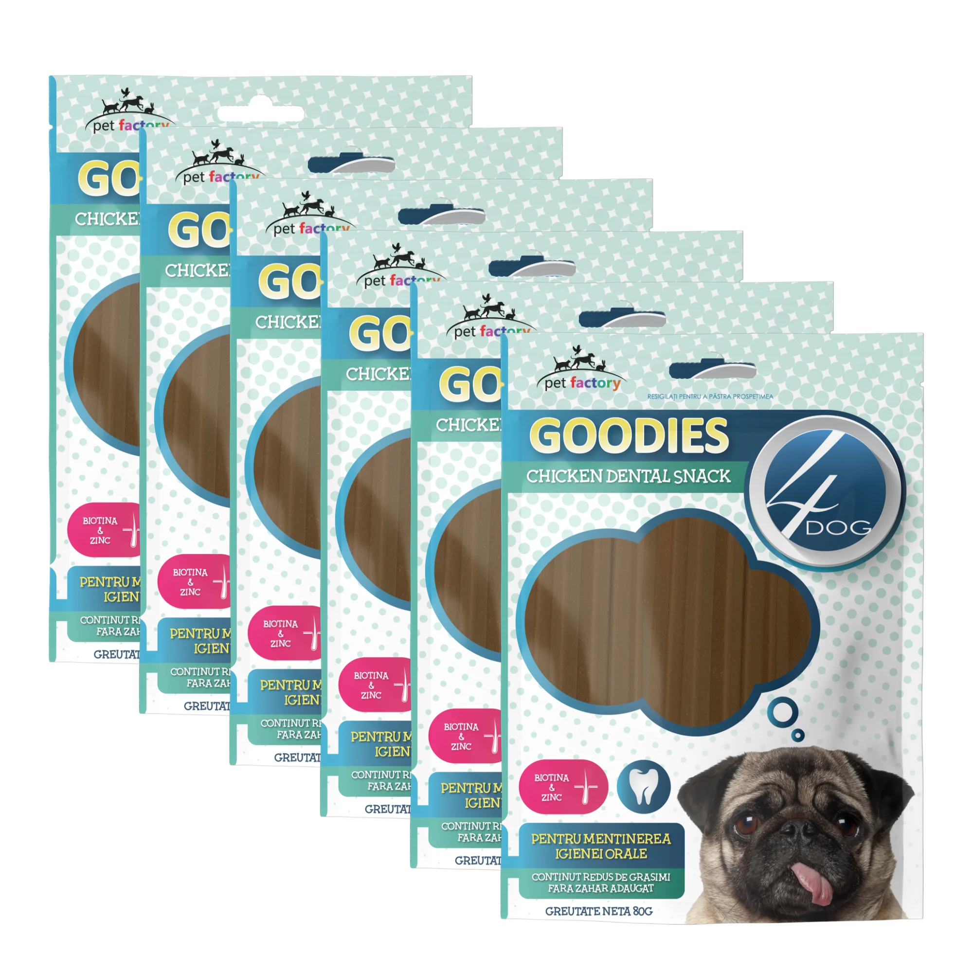 Câini - Pachet Economic Recompense pentru Câine Adult, 4DOG GOODIES Dental Sticks, Pui și Biotină, 6x80g
