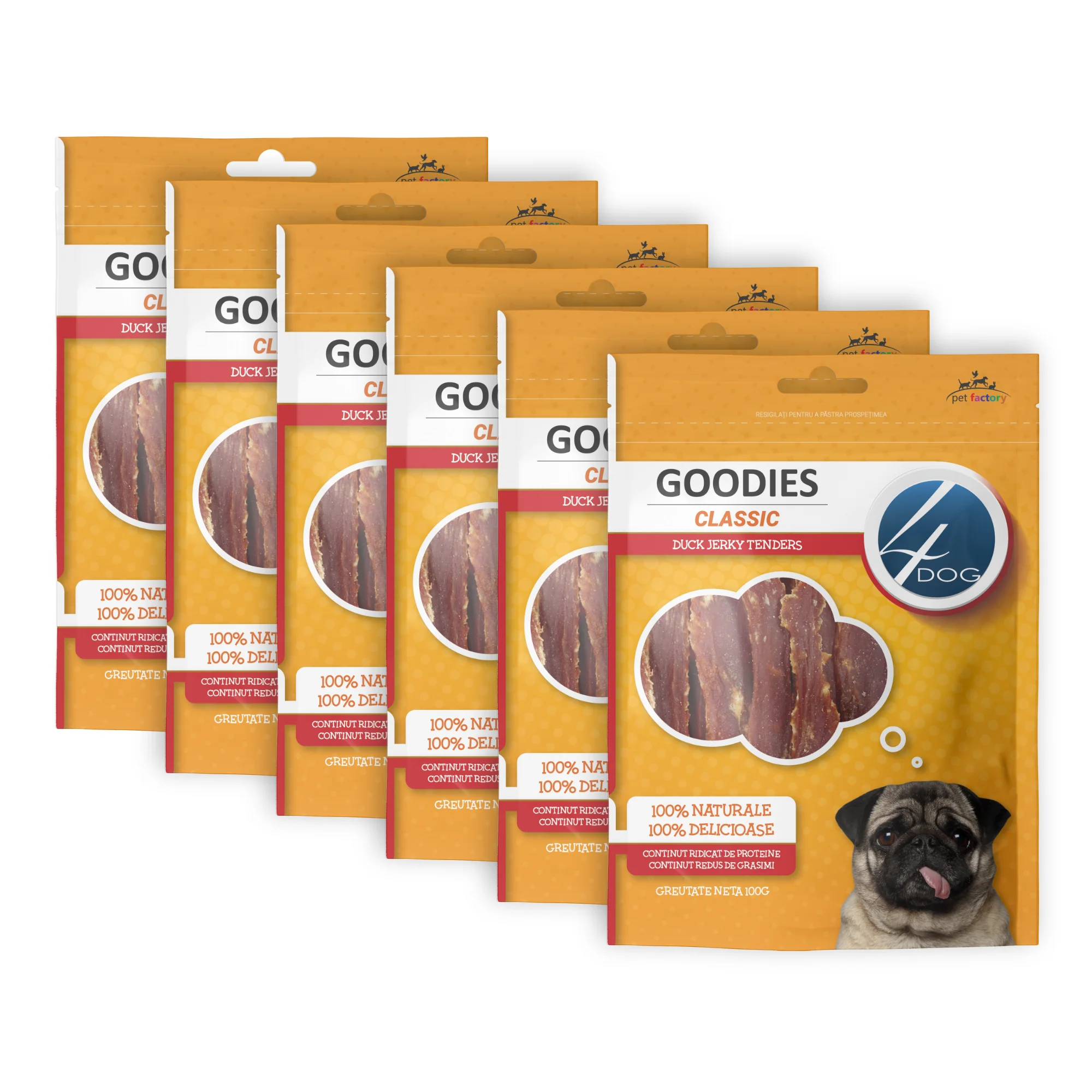Câini - Pachet Economic Recompense pentru Câine Adult, 4DOG GOODIES Classic, Jerky Tenders Rață, 6x100g