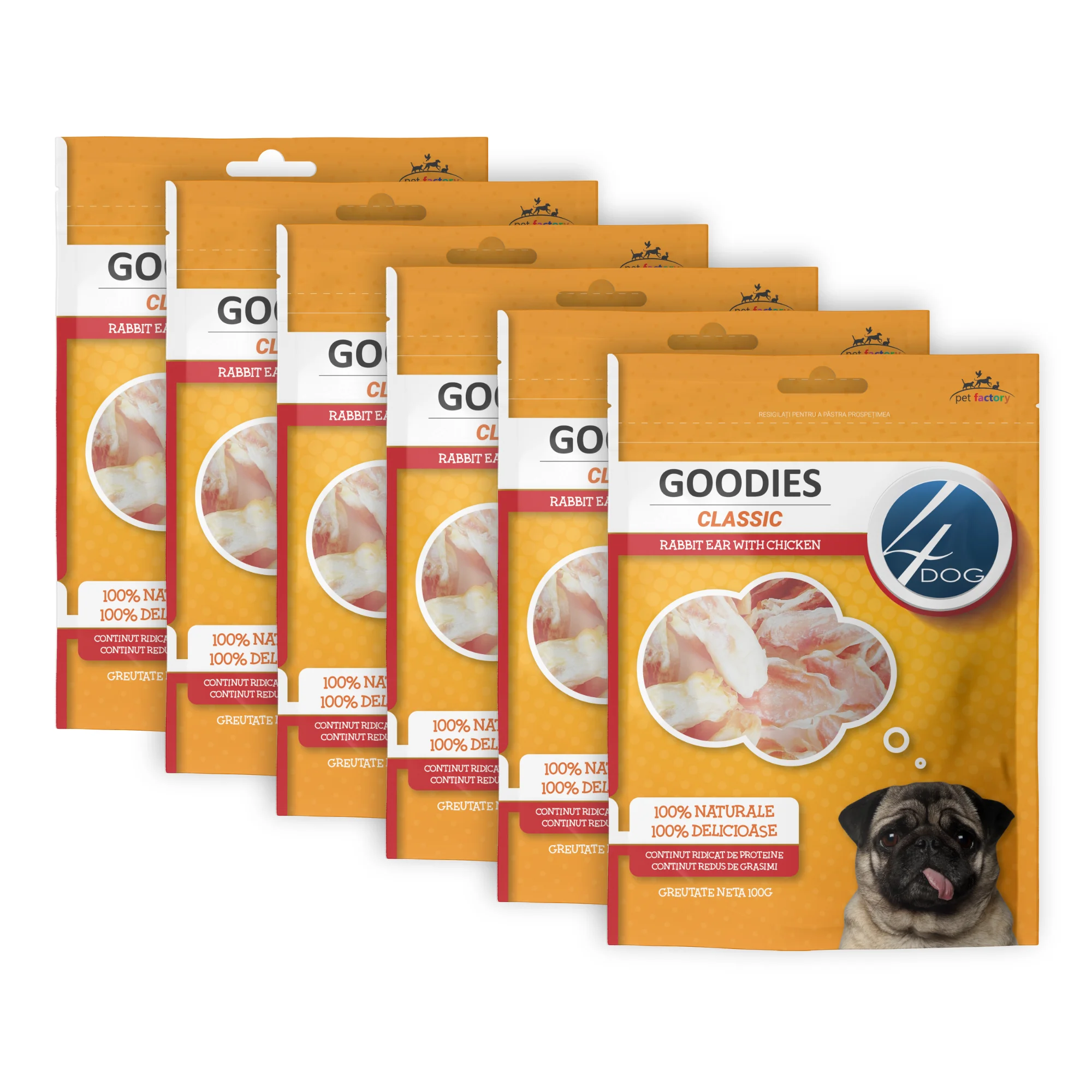 Câini - Pachet Economic Recompense pentru Câine Adult, 4DOG GOODIES Classic, Urechi de Iepure cu Pui, 6x100g