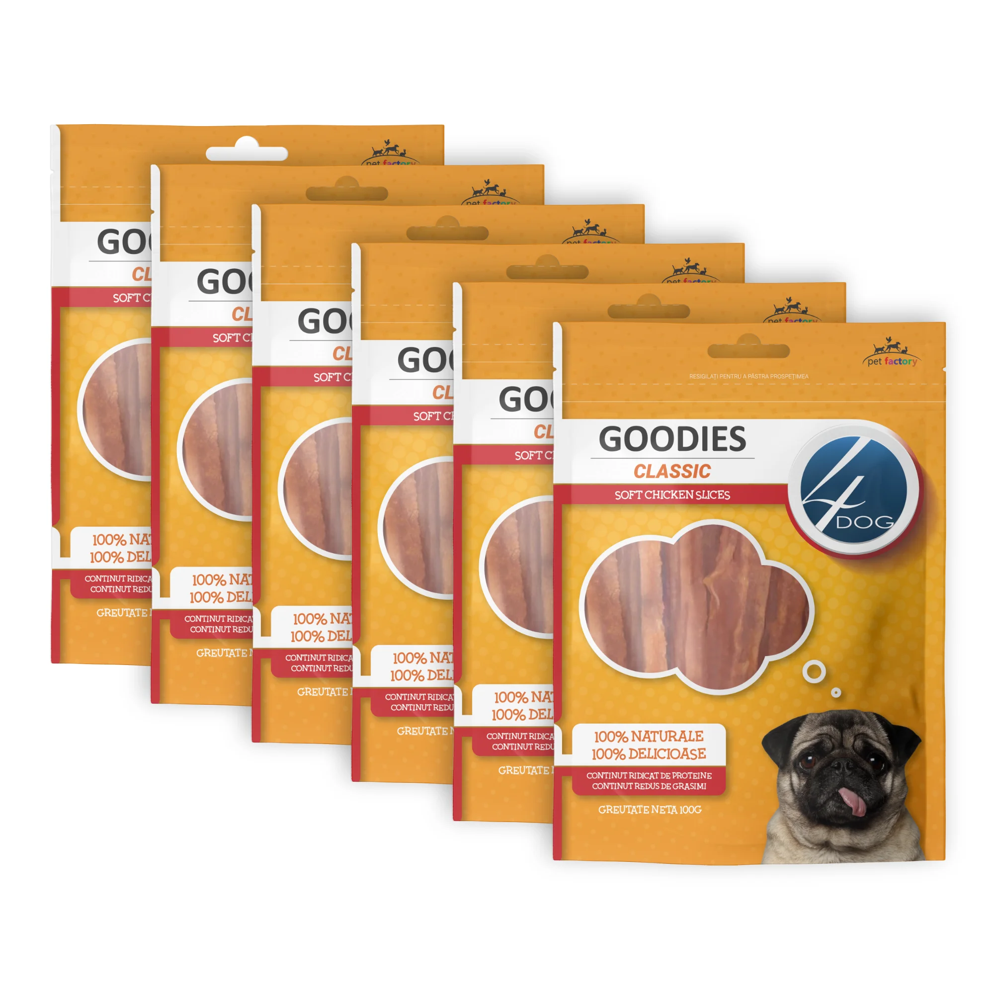 Pachet Economic Recompense pentru Câine Adult, 4DOG GOODIES Classic, Fâșii Moi de Pui, 6x100g