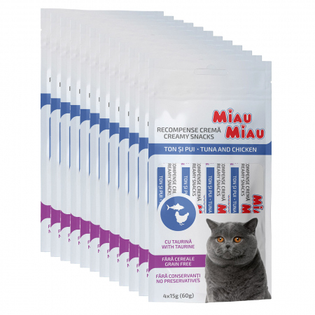 Recompense Pisici - Pachet Economic Recompense Cremoase Pisică Adult, MIAU MIAU Creamy Snacks, Ton și Pui, 4x15g, 12 bucăți