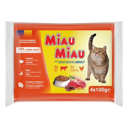 Pisică Adult - MIAU MIAU Mixt, Hrană Umedă Pisică Adult, Pui & Ficat și Vită, 4x100g