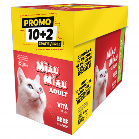 Pisici - Pachet PROMO Hrană Umedă Pisică Adult, MIAU MIAU, Vită în sos, 12x100g