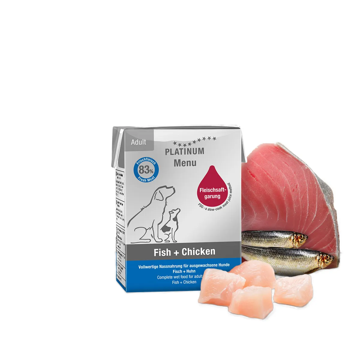 Câini - PLATINUM Menu, Hrană Umedă Câine Adult, Pui și Pește, 185g