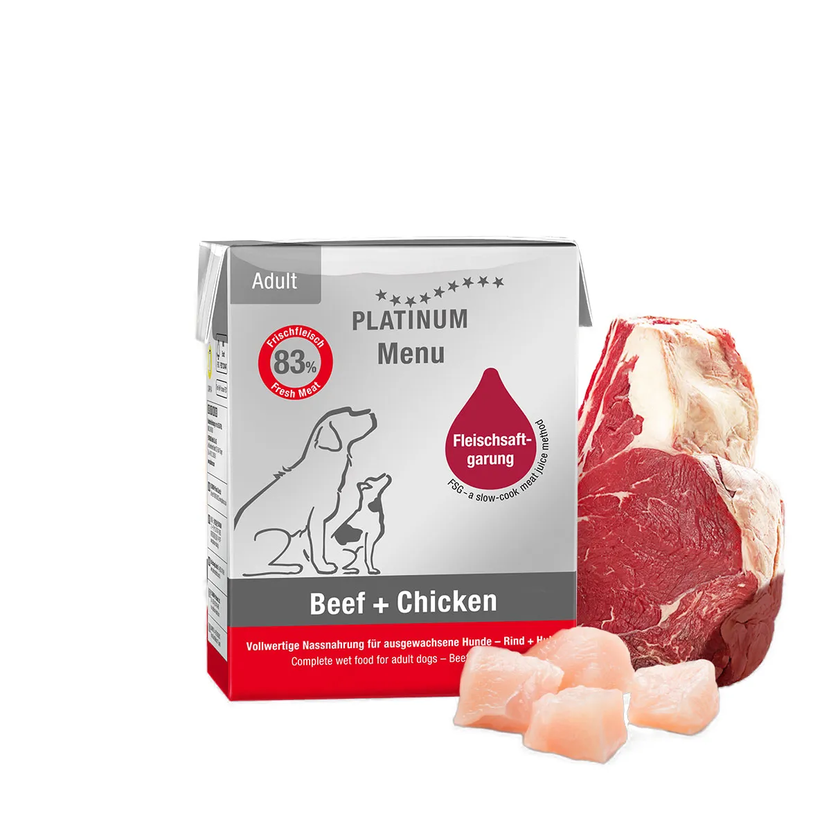 Câini - PLATINUM Menu, Hrană Umedă Câine Adult, Pui și Vită, 185g