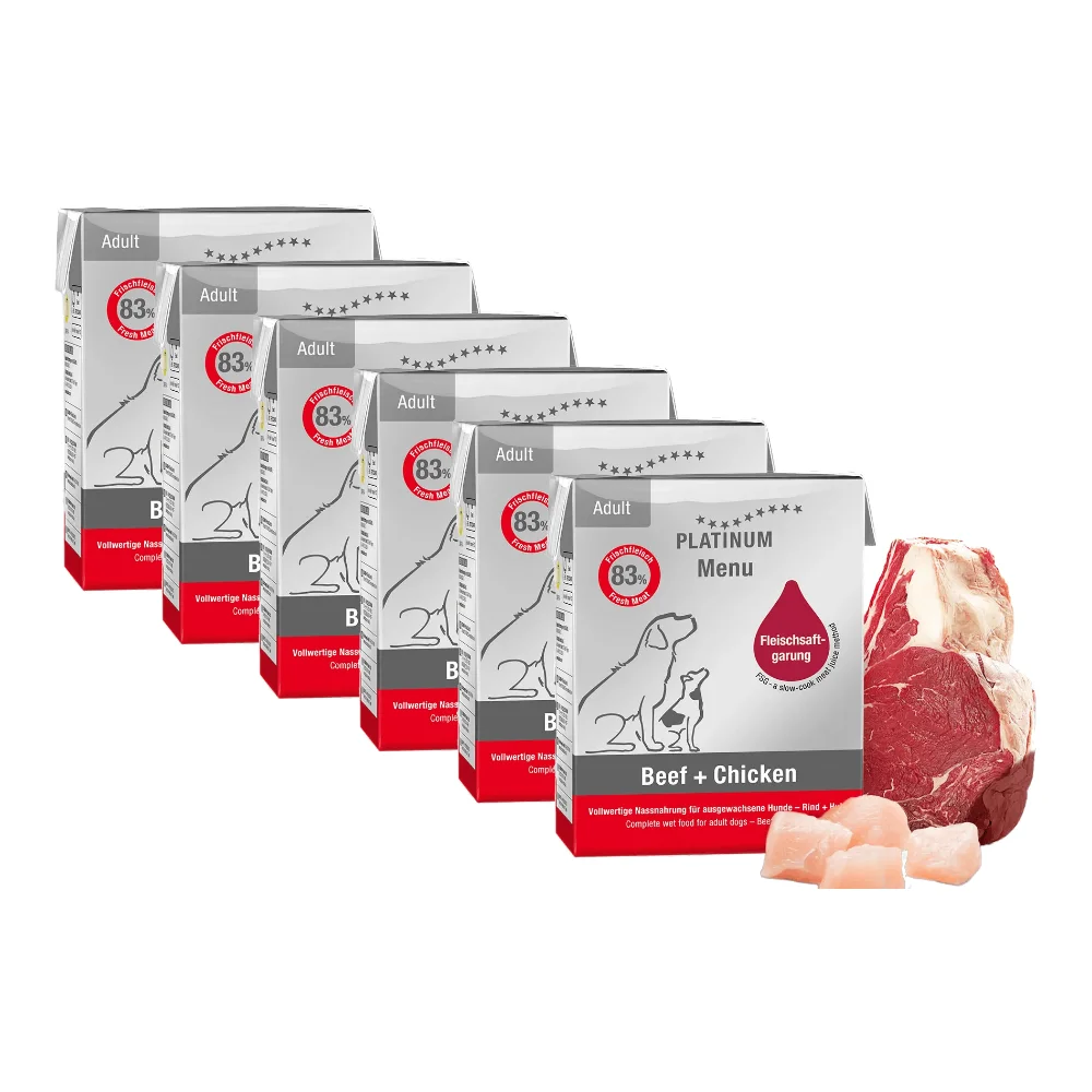 Câini - Pachet Economic PLATINUM Menu, Hrană Umedă Câine Adult, Pui și Vită, 6x185g